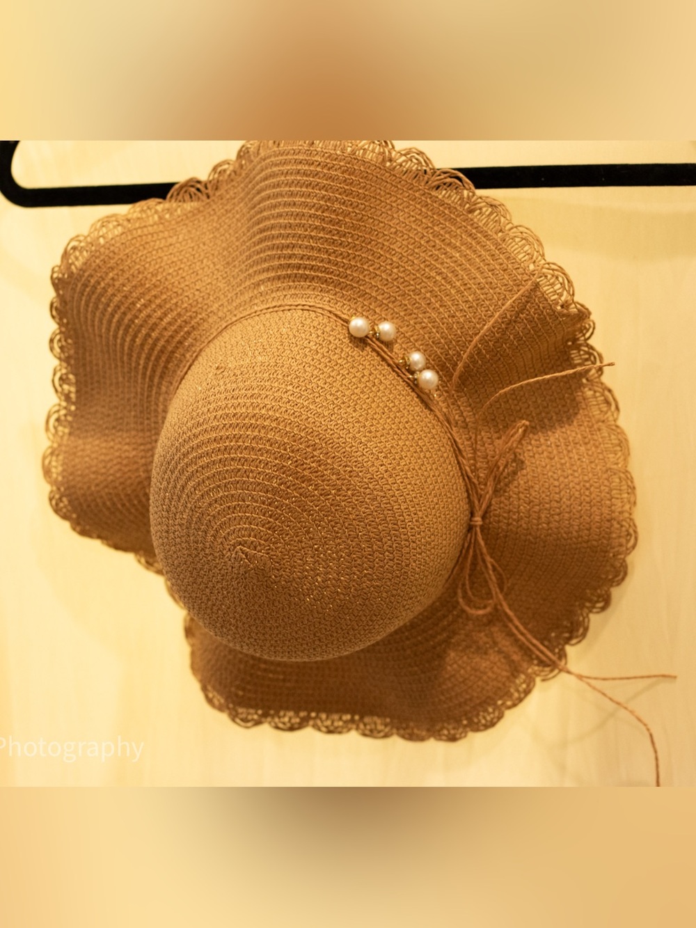 SHEIN Brown Scalloped Wide-Brim Straw Hat with Pearl Detail - Picture 1 of 2